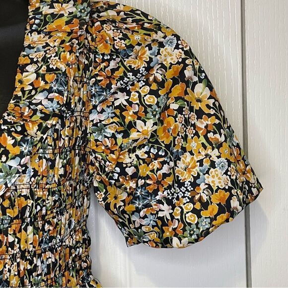 NWT ENGLISH FACTORY Plunge Smocked Cotton Floral Mini Dress Yellow Black Blue XS - Picture 5 of 16